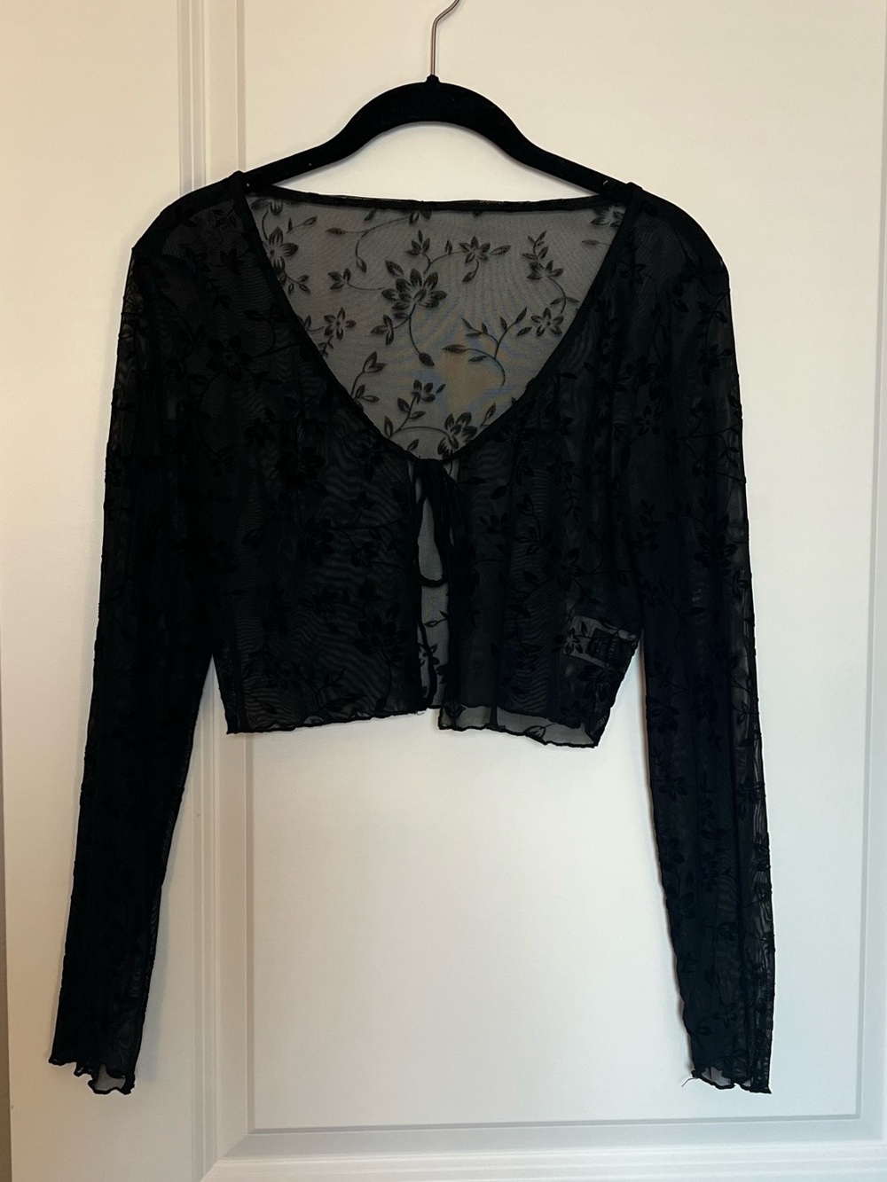 Black Sheer Floral Lace Tie-Front Cropped Top